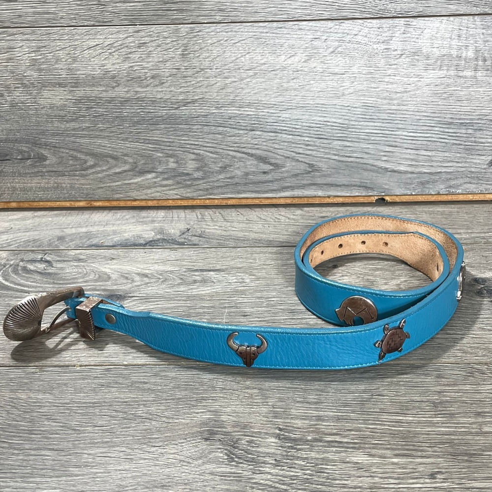 Vintage Silver Creek Collection Belt 32 Blue Southwestern Concho Leather Animals